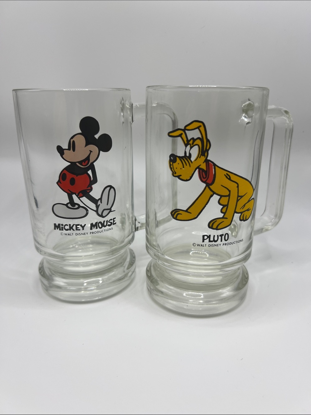 Disney Clear Glass Mugs with Mickey Mouse (black, red) and Pluto (yellow)
